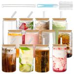 Drinking Glasses with Bamboo Lids and Glass Straw 12pcs,16oz Glass Cups with Lids and Straws,Iced Coffee Glasses,Cute Tumbler Cups for Soda,Coffee Cups