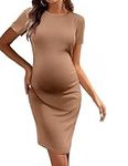 Ekouaer Women's Maternity Dresses Summer Short Sleeve Full Slip Maternity Clothing for Pregnant Women, Khaki XL
