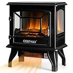 COSTWAY Electric Fireplace Stove, 17-Inch Wide Freestanding Space Heater with 3D Realistic Flame, Adjustable Thermostat, Overheat Protection, Portable Infrared Fireplace for Home Office, 1400W