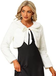 Allegra K Women's Elegant Faux Fur Shrug Peter Pan Collar Bow Tie Open Front Fluffy Cropped Jacket White X-Large