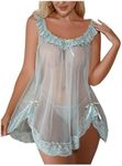 OYOANGLE Women's 2 Piece Mesh Sheer Floral Lace Babydoll Slip Dress Nightgowns and Thong Lingerie Set Green Large