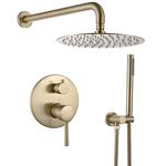 RBROHANT Brushed Gold Shower Faucet Set, Gold Rain Shower System with 10 Inch Round Shower Head and Handheld Spray, Wall Mounted, Rough-in Valve and Trim Kit Included