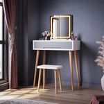 ELEGANT White Vanity Makeup Table Set with Adjustable LED Lights Square Mirror, Cushioned Stool included