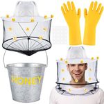 38pcs Beekeeper Set Including Bee Hat Veil Beekeeping Helmet with Netting,15 Wool Felt Bee,20 Double Side Tape, 1 Pair Yellow Gloves and Metal Bucket Printed with Honey for Halloween Costume Supplies