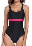 Vevarble Swimming Costume Women Sporty U Back One Piece Swimsuit Athletic Shaping Swimwear Bathing Suits Black/Rose,M