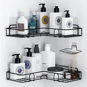 RCQD Mensola Doccia senza foratura con 4 Gancio e 1 portasapone,Mensola Bagno a Parete con Adesivo, Accessori Bagno mensola doccia angolare 2 Pezzi Adatto per il bagno, Dormitorio,Cucina (Nero Opaco)