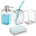 mDesign Plastic Bathroom Vanity Counter Organizer, Dispenser Pump, Toothbrush Stand, Storage Jar, Soap Dish, for Cotton Swabs, Toothpaste, Makeup, Accessories, Lumiere Collection, Clear/Brushed Chrome