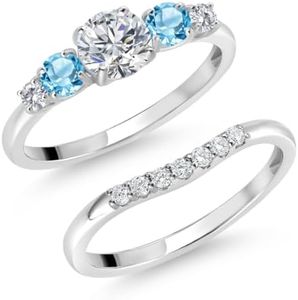 Gem Stone King 10K White Gold White Lab Grown Diamond and Swiss Blue Topaz 5 Stone Bridal Engagement Wedding Ring Set For Women (0.91 Cttw, Round: 5MM and 3MM, Available in Size 5,6,7,8,9)