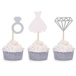 Set of 24 Glitter Diamond Ring Wedding Dress Cupcake Toppers for Engagement Bridal Shower Decorations (Silver)