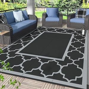 GENIMO 6' x 9' Outdoor Rug Waterproof for Patio Decor, Foldable Reversible Plastic Straw Area Rugs Mat for Camper, Outside Carpet for Rv, Deck, Porch, Picnic, Beach, Balcony, Black & Grey