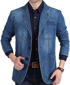 Flygo Men's Casual 3 Buttons Denim Blazer Slim Lapel Washed Denim Suit Jacket (Large, Blue)