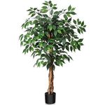 SOGUYI 120cm Artificial Ficus Tree with Natural Wood Trunk, Silk Fake Ficus Tree in Plastic Nursery Pot, Faux Plant for Office Home, Indoor Outdoor Decor, 1 Pack