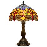 WERFACTORY Tiffany Lamp Stained Glass Bedside Table Lamp Orange Blue Dragonfly Style Reading Desk Light 12X12X18 Inches Decor Bedroom Living Room Home Office S168 Series