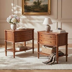 STO'SENSE Wide Nightstand Set of 2 w/Charging Station & 2 Drawers, Pre-Assembled, Vintage Side Table w/Antique-Finished Pulls, Rustic Wood Finish, End Table w/Turned Legs for Bedroom,Brown