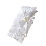 Ladies Off White Lace Garter With Pearl Bead And Bow Hen Nights Wedding Bridal