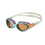 Speedo Women's Biofuse 2.0 Swimming Goggles | Female Design | Patented Adjust Mechanism | Anti-Fog | Anti-Leak | Comfort Fit , Marine Blue/Pumpkin Spice/Pale Tan, One Size