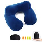 Inflatable Travel Pillow for Airplane Inflatable Neck Pillow for Traveling, Compact Ergonomic Neck Pillow Kits with Ear Plug and Eye Mask, Sleeping Rest Cushion for Airplane, Car, and Train (Blue)