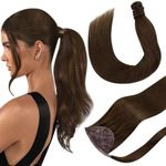 Hetto Human Hair Ponytail Extension Natural Brown Hair #4 Dark Brown Clip in Ponytail Hair Extensions Remy Hair Straight Ponytail Hair Piece 16 Inch 80g