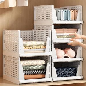 5 Pack Stackable Plastic Storage Basket, Foldable Closet Organizers and Storage Box Bins Drawer Shelf Storage Container for Cupboard Wardrobe Kitchen Bathroom Office