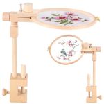Embroidery Hoop Table Stand with Clamp, 360 Degree Rotation Beech Cross Stitch Holder, Adjustable Embroidery Hoop Stand Clamp, Desktop Embroidery Frame for DIY Craft Sewing Needlework