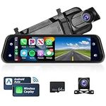 Podofo Car in-Mirror Mounted Dash Cam with Front & Rear View Camera Wireless Carplay Android Auto Car Driving Recorder with 9.66" IPS Touchscreen Support DVR Voice Control Bluetooth FM/AUX Transmit