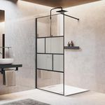 Bathroom Shower Glass Door, Modern Grid Shower Door 34 * 78 Inch, 5/16"(8mm) Clear Tempered Glass and Frosted Glass Shower Panel, Matte Black