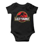 SmartyPants Personalised Name Saurus Babygrow - Black Baby Suit Vest Grow Bodysuit Jurassic Film Movie Cinema Classic Retro Dinosaur T-Rex Newborn Matching Gift Present (0-3 Months, Black)