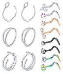 WillTen 20G Nose Studs Corkscrew Diamond CZ Nose Ring Hoop Women Stainless Steel Nose Ring Nostril Double Nose Ring Jewelry Piercing 14PCS