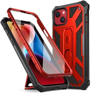 Poetic Compatible with iPhone 14 Case, Spartan Phone Case for iPhone 14 with Screen Protector, Full Body Rugged Premium Leather Texture Shockproof Protective Cover with Kickstand, Metallic Red