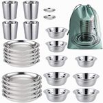 Stainless Steel Plates 、Bowls 、Cups and Spice Dish. Camping Set (24-Piece Set) 3.5inch to 8.6inch. Outdoor Use Incl. Travel Bag