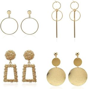 Juego 4 Pares Pendientes Múltiples Surtidos Para Mujer, Aros Acrílicos Ligeros Aretes de Gota con para Mujer Aretes Colgantes Geométricos Rectangulares Dorados Aretes de Aro