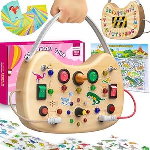 flycoost Montessori Toddler Busy Board, Wooden Busy Board with 17 LED Lights, Travel Toys for Toddlers 1-3 Years, Light Switch Toys, Toddler Sensory Boards, Toys for 1 Year Old Girls