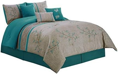 Chezmoi Collection Noriko Luxury 7-Piece Teal Cherry Blossoms Floral Embroidery Bedding Comforter Set, King