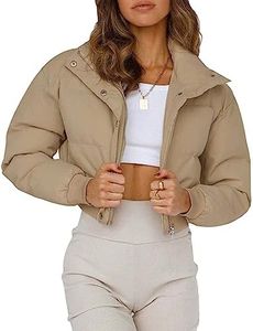 Gihuo Women' s Cropped Puffer Jacket Padded Long Sleeve Bubble Coats Winter Warm Puffy Outerwear(Khaki-XL)