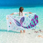 Mermaid Beach Towel - 76 x 150cm Mermaid Tail Polyester Camping Towels for Girls Kids Quick Dry Ultra Absorbent Super Soft Beach Blanket Pool Travel Swimming Bath Shower Towel