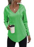 RIROW 2024 Womens Hoodie Pullover Long Sleeve Tops Waffle Knit Ladies Sweatshirts Pocket Vibrant Green L