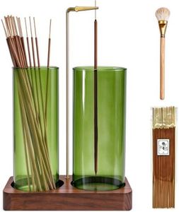MACUSOO Incense Holder,Wooden Incense Holder for Sticks (2 in 1 Green) | with 20 Incense Sticks, Anti-ash Incense Burner with Glass Ash Catcher for Meditation Yoga Spa Gift Home Decor