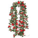 2pcs 14.4FT Artificial Rose Flower Vine Fake Rose Garland Faux Hanging Plant with Red Silk Rose Flowers for Wedding Arch Home Party Office Coffee Shop Decoration