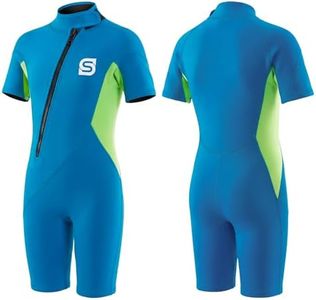 Summshall Kids Wetsuit, 2mm Girls Boys Shorty Wetsuits, Thermal Neoprene Swimsuit Warm Sun Protection Front Zip Ultra Stretch Diving Suit Chlid Wetsuit for Watersport