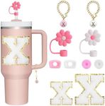 BABORUI 10Pcs Cup Accessories for Stanley Cup 40oz&30oz, Personalized Decoration with Straw Cover Cap, Spill Stopper, Embroidered Letter Sticker and Letter Charms, Initial Name ID for Stanley (X)
