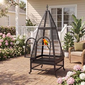 BELNEST 79" Large Bird Cage for Parrots, Heavy Duty Metal Aviary with Wheels, Lockable Door, Pull-Out Tray, Perch & Feeding Cups for Macaws, Cockatoos, African Greys, Indoor Outdoor Use, Black