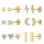 Gold Stud Earrings for Women Sterling Silver Earrings Sets for Multiple Piercing Hypoallergenic Earrings Studs Moon Heart Circle Lightning CZ Earrings Studs Ball Bar Earrings