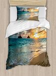 Hawaiian Duvet Cover Set by Ambesonne, Scenic Sunrise Over Ocean Rocks Sand Clouds Sunshine Tide Sunbeam Seashore, 2 Piece Bedding Set with Pillow Sham, Twin / Twin XL, Yellow Turquoise