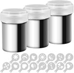 3 Pack Stainless Steel Powder Shaker, Coffee Cocoa Dredges with Fine-Mesh Lid, AIFUDA Power Can for Baking Cooking Home Restaurant with 16 Pcs Printing Molds Stencils