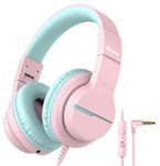 iClever HS19 Kids Headphones with Microphone, Volume Limiter 74/85dBA, Sharing Function Stereo Headphones for Kids Girls Boys, Foldable Over-Ear for Online School/iPad/Chromebooks, Pink