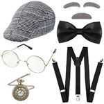 8 Pcs Old Man Costume 1920s Grandpa Accessories Set 100th Day of School Beret Hat Glasses Eyebrows Suspender Watch (Light Gray,Simple Style)