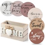 Queekay Coasters Set of 6 House Warming Gifts New Home Wooden Farmhouse Drink Coasters with Holder 4'' Funny Decoration for Kitchen Family Coffee Bar Tabletop Protection(Light Brown)