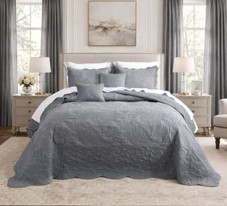 HZ&HY Oversized California King Bedspread Grey 128x120 Extra Wide, Coverlet Bedding Set, Lightweight Thin Comforter, Reversible, Luxurious, 4 Piece, 100% Microfiber, King/Cal King, Grey