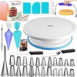 RFAQK 65 PCs Cake Decorating Kit with Cake Turntable-Cake leveler-24 Numbered Piping Tips with Pattern Chart & E Book- Straight & Offset Spatula-30 Icings Bags- 3 Icing Smoother Scraper Set