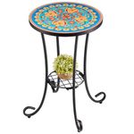 VONLUCE Mosaic Side Table and Plant Stand, 36cm Ceramic Tile Top, Indoor Outdoor Mosaic Accent Table with Shelf, Green